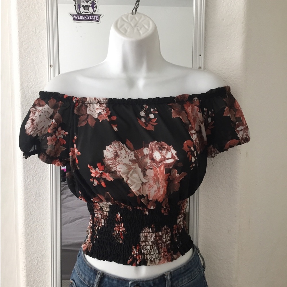 off the shoulder, see-through cropped flower top